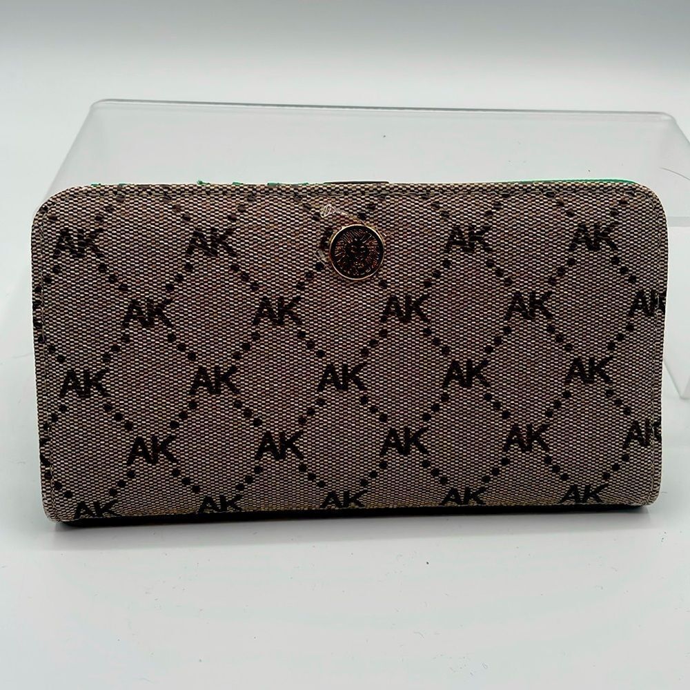 Anne Klein Slim Bi-Fold Wallet Card Holder Beige Brown Monogram Snap closure